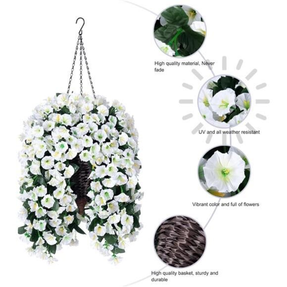 Artificial Faux Hanging White Flowers Plants Basket for Outdoor Outside - Picture 5 of 7